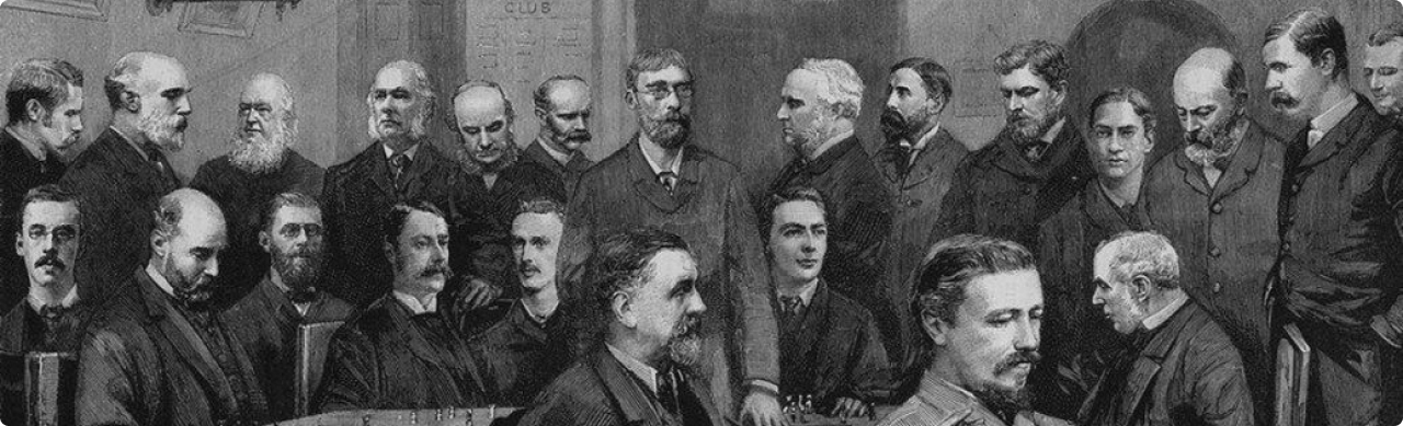 Engraving of JH Blackburn playing a blindfold match against members of Liverpool Chess Club, 1889